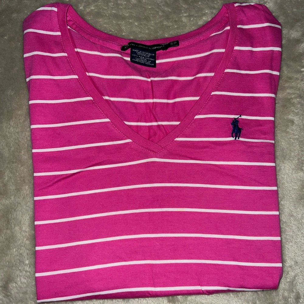 Ralph Lauren Pink Striped V-Neck T-Shirt